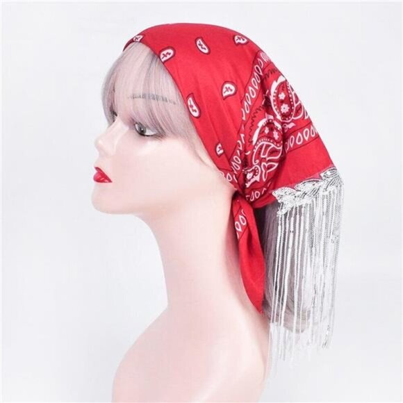 Red Paisley Bandana Scarf with Rhinestone Fringe – Western Festival Accessory - Picture 5 of 6